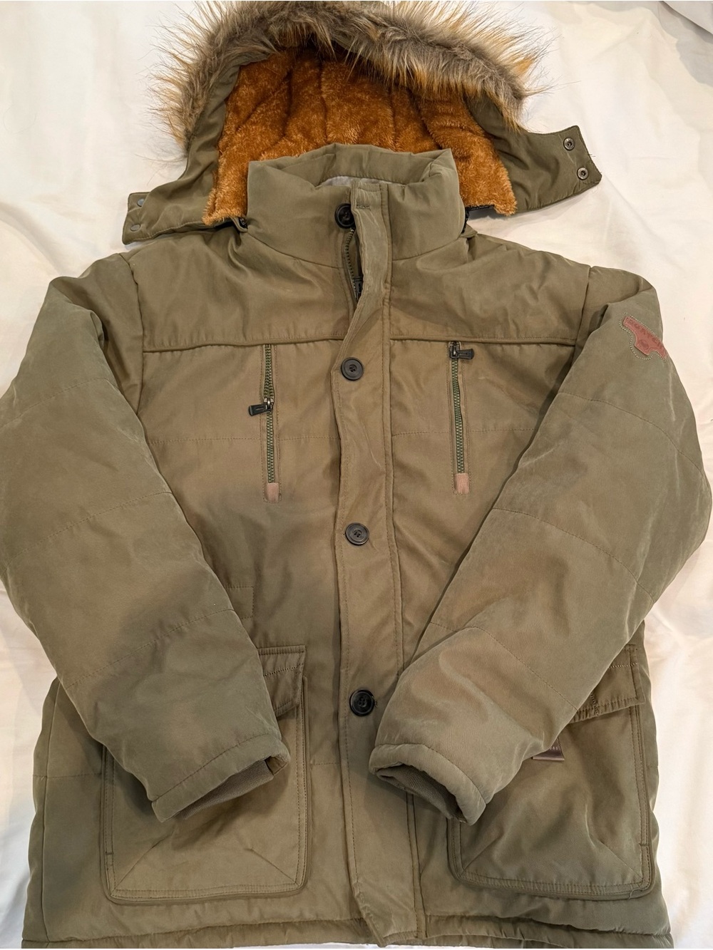 Quatchi Military Utility Parka Jacket Faux Fur Lined Hooded Olive Green Men L